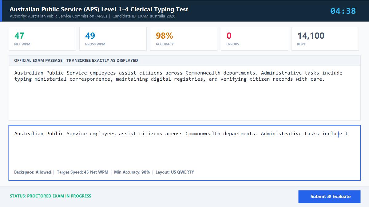 Australian Public Service (APS) Level 1â€“4 Clerical Typing Test Official Exam Interface