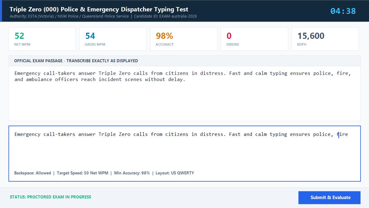 Triple Zero (000) Police & Emergency Dispatcher Typing Test Official Exam Interface