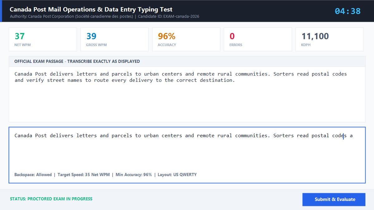 Canada Post Mail Operations & Data Entry Typing Test Official Exam Interface