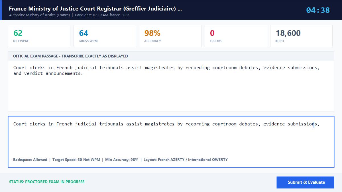 Greffier des Services Judiciaires (French Court Registrar Typing Exam) Official Exam Interface
