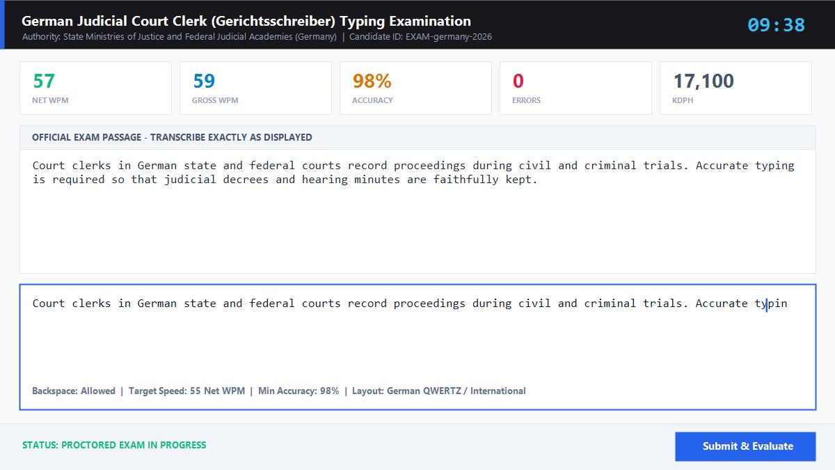 Justizfachangestellte Gerichtsschreiber (German Court Clerk Typing Exam) Official Exam Interface