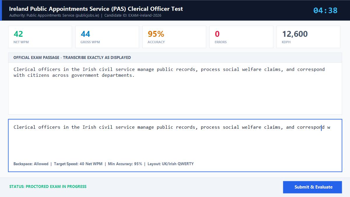 Ireland Public Appointments Service (PAS) Clerical Officer Test Official Exam Interface