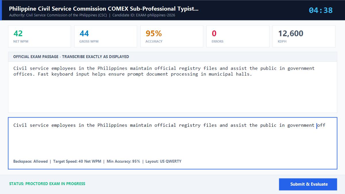 Philippine Civil Service Commission COMEX Sub-Professional Typist Exam Official Exam Interface