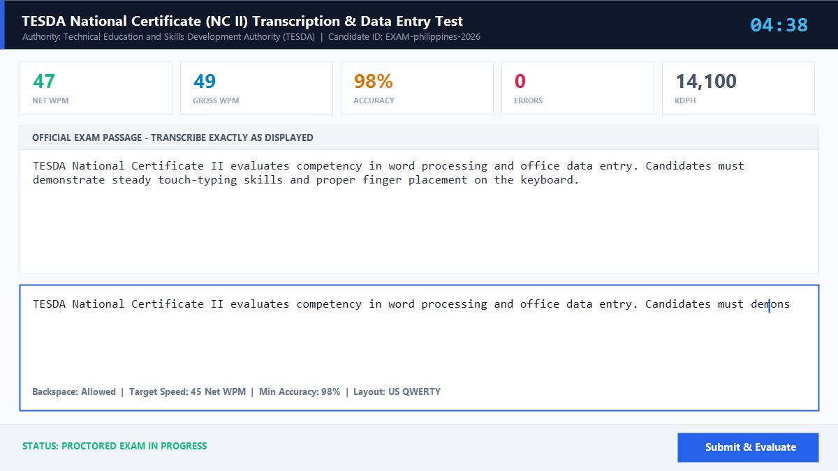 TESDA National Certificate (NC II) Transcription & Data Entry Test Official Exam Interface
