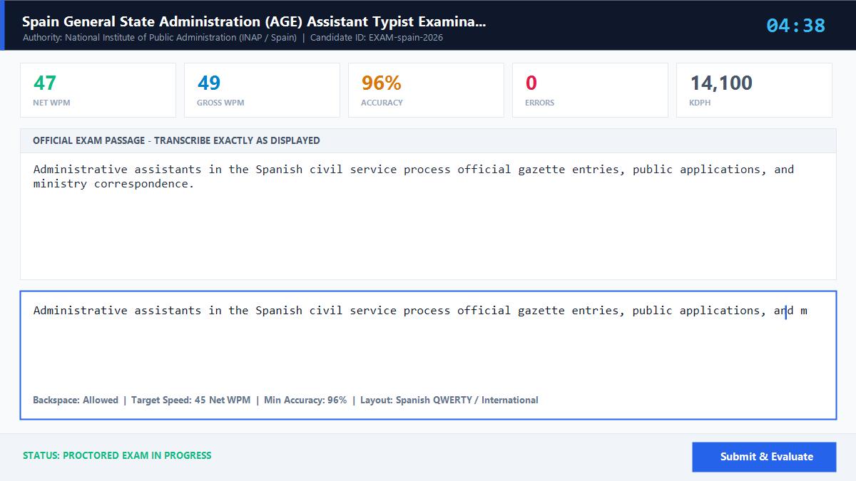Oposiciones AGE Auxiliar Administrativo Prueba de DactilografÃ­a Official Exam Interface
