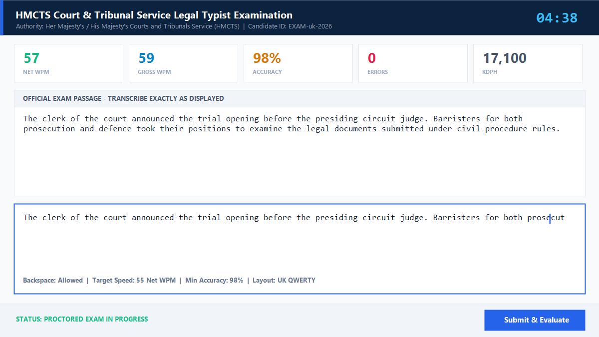 HMCTS Court & Tribunal Service Legal Typist Examination Official Exam Interface