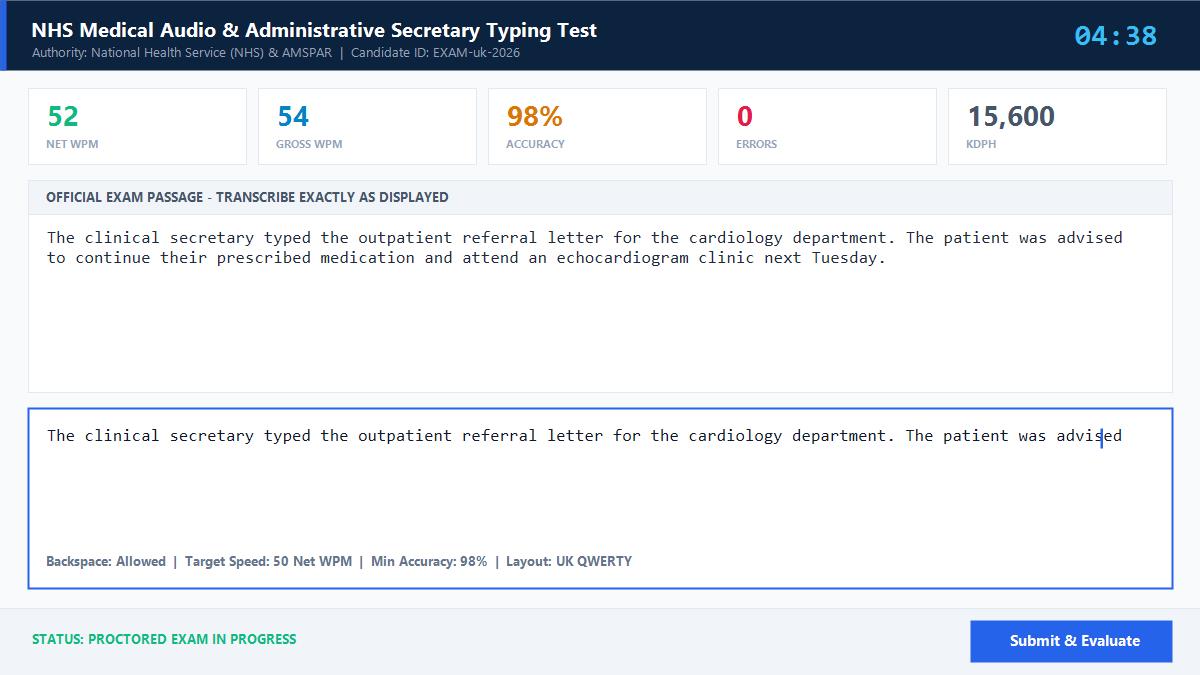 NHS Medical Audio & Administrative Secretary Typing Test Official Exam Interface