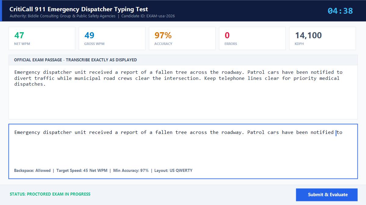 CritiCall 911 Emergency Dispatcher Typing Test Official Exam Interface