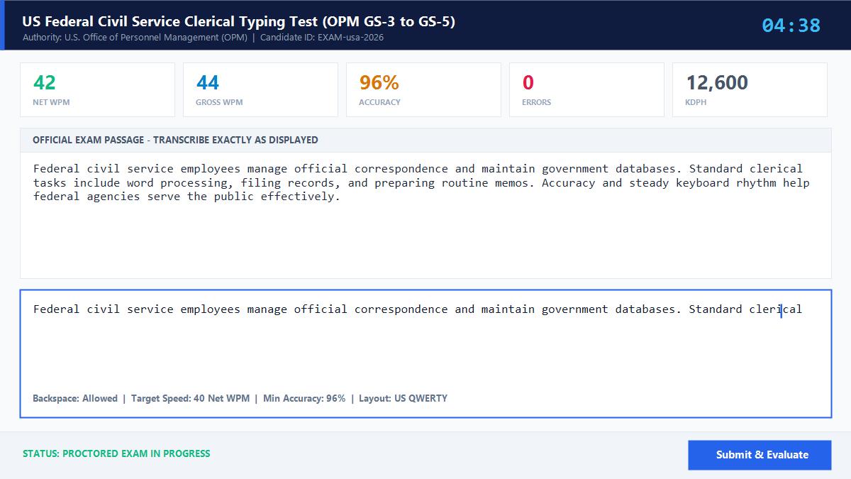 US Federal Civil Service Clerical Typing Test (OPM GS-3 to GS-5) Official Exam Interface