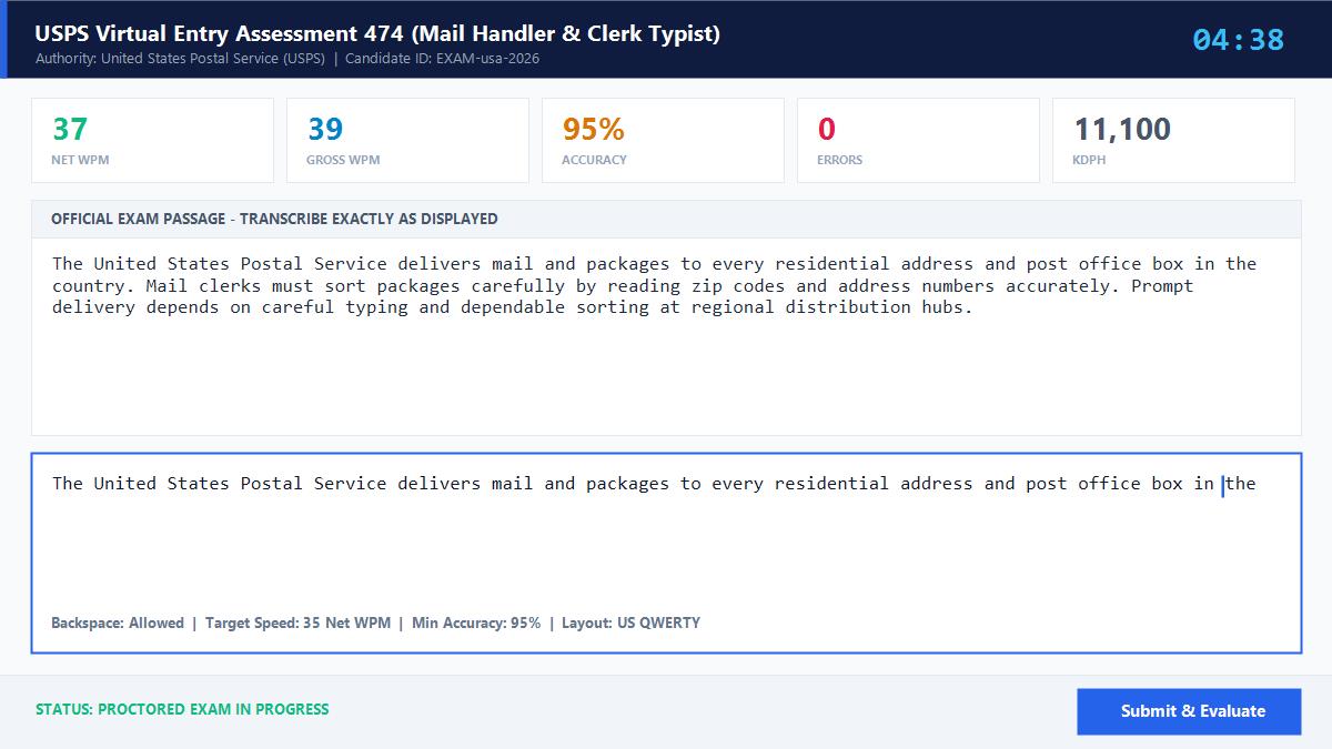 USPS Virtual Entry Assessment 474 (Mail Handler & Clerk Typist) Official Exam Interface