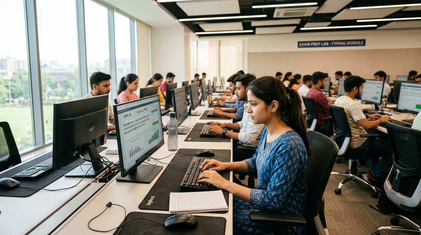 Aspirants practicing government exam typing in modern lab