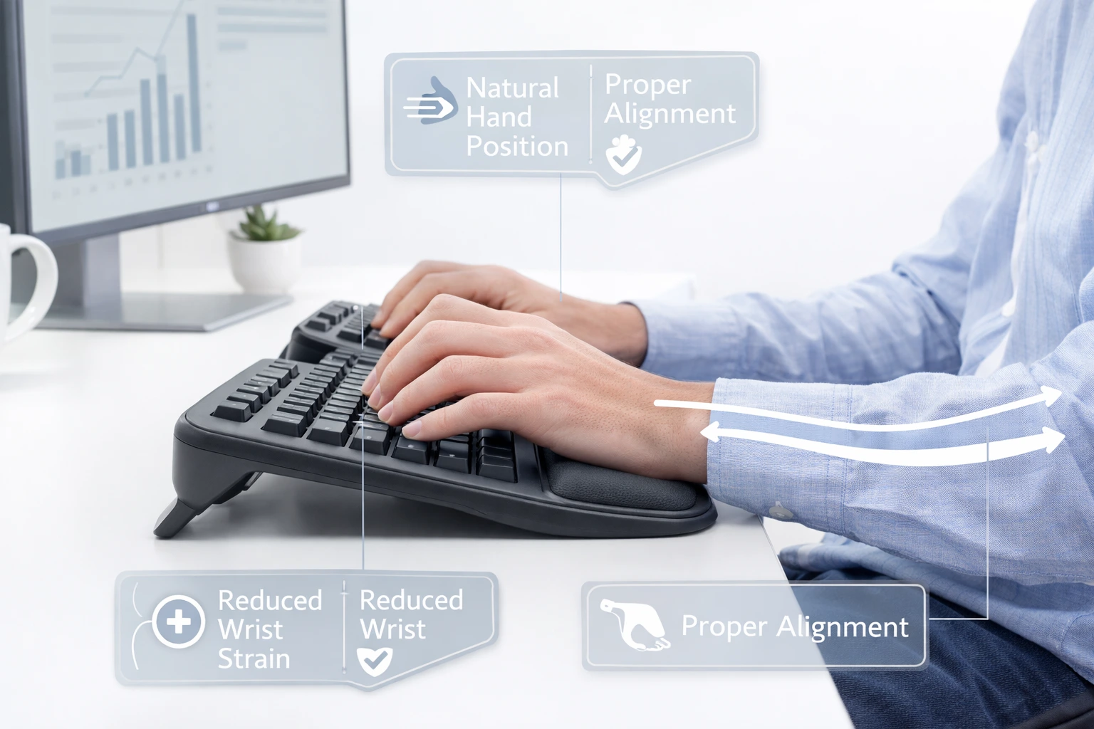 Ergonomic keyboard showing proper hand positioning and wrist support