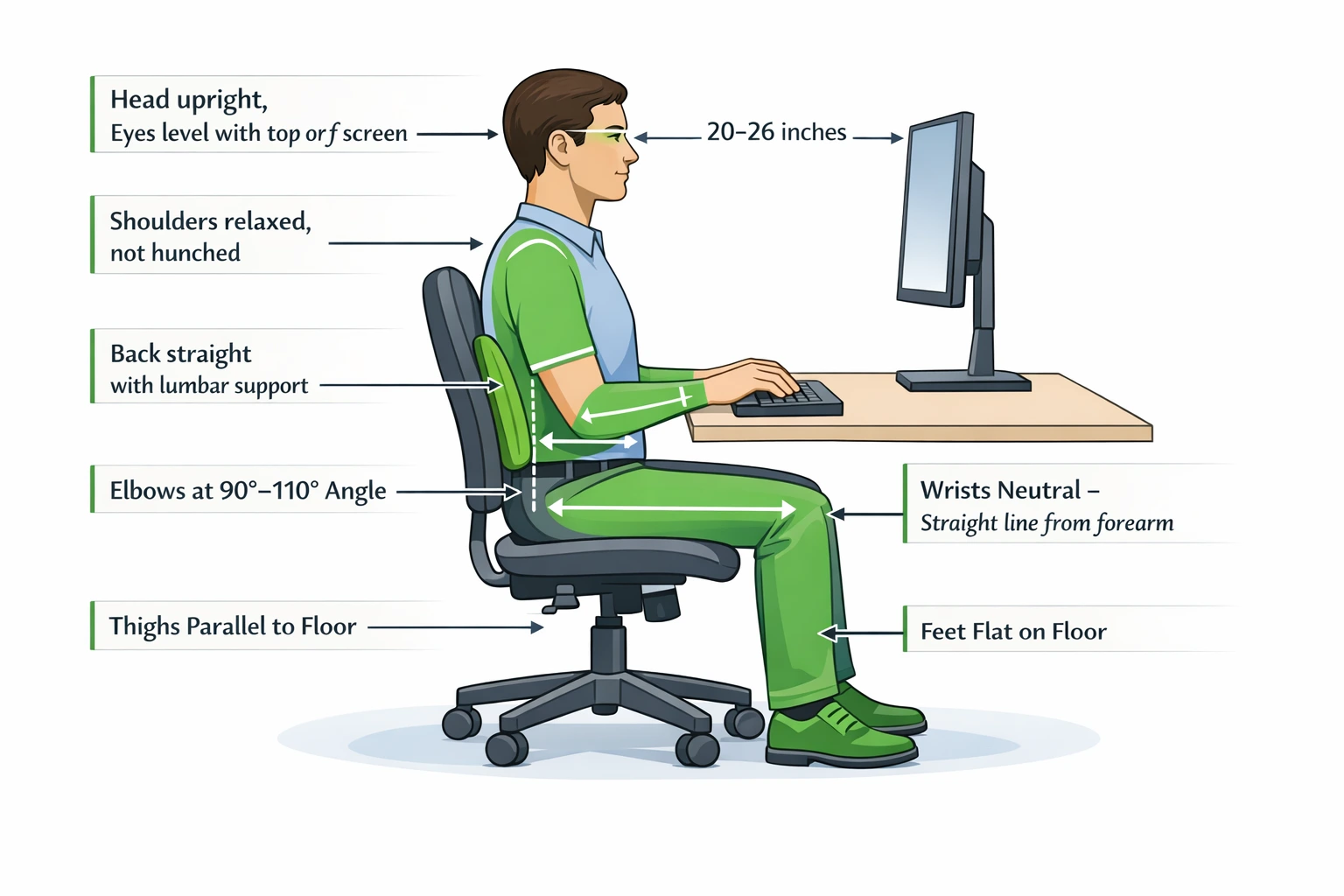 Complete ergonomic workstation setup with measurements and angles