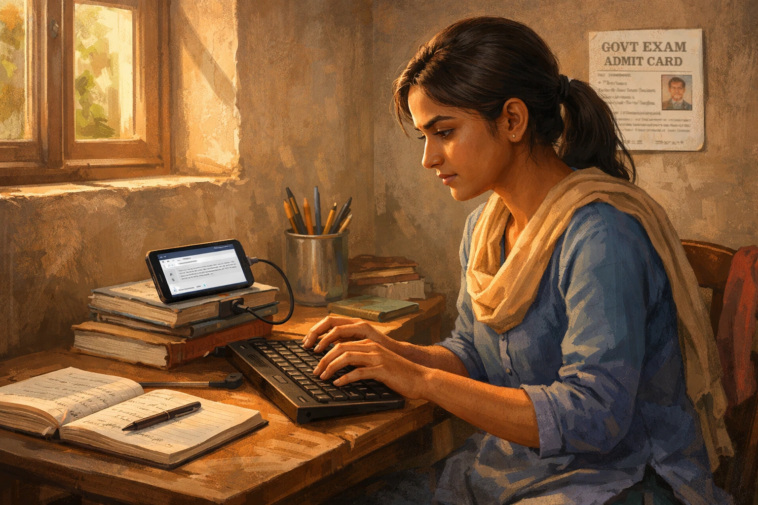 Rural student practicing typing on mobile with OTG keyboard at home