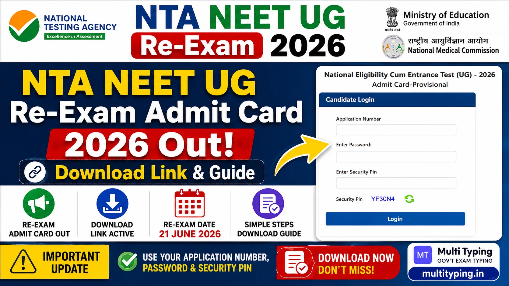 NTA NEET UG Re-Exam Admit Card 2026 download guide exam date June 21 timing documents instructions