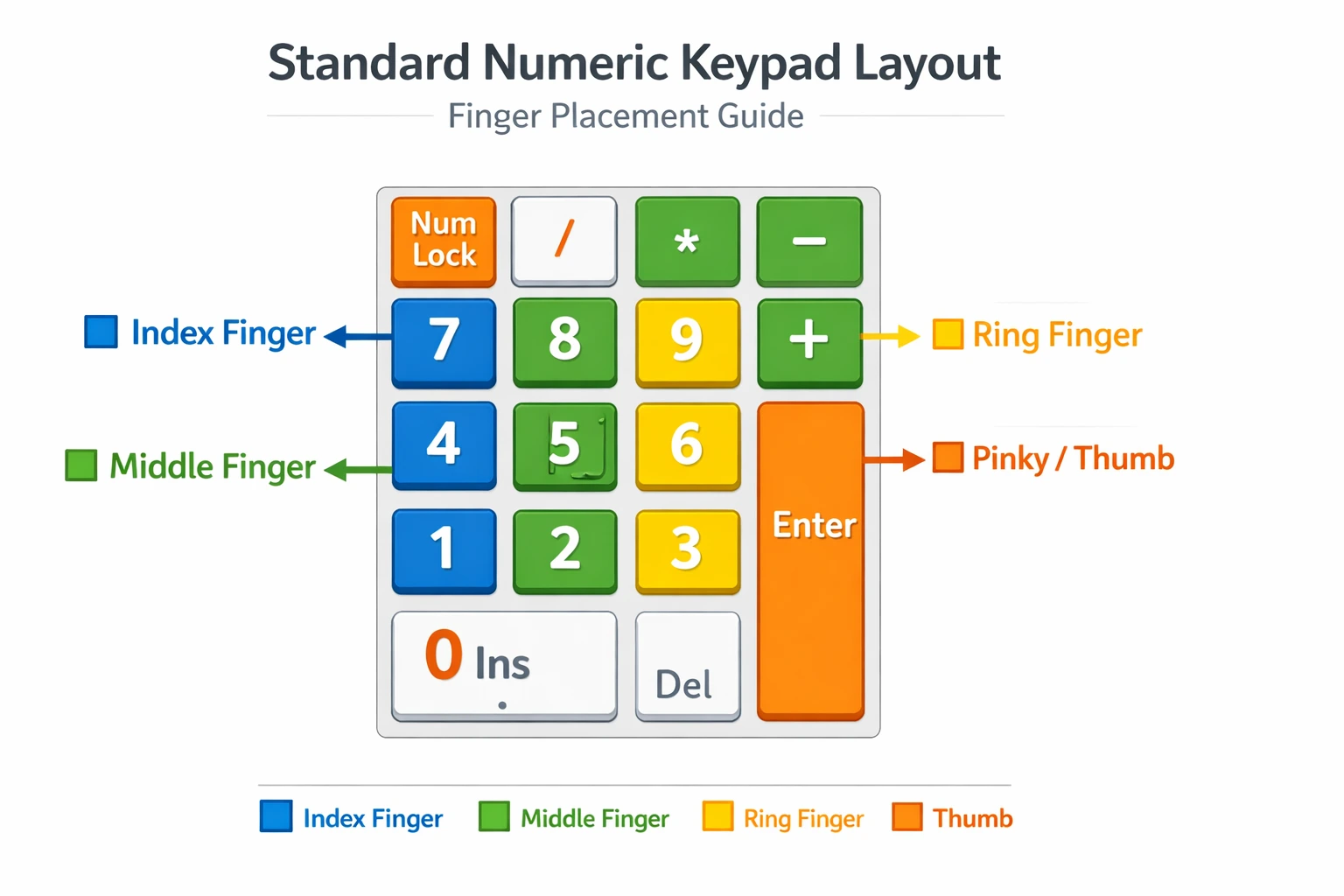 Numeric keypad layout with finger placement guide