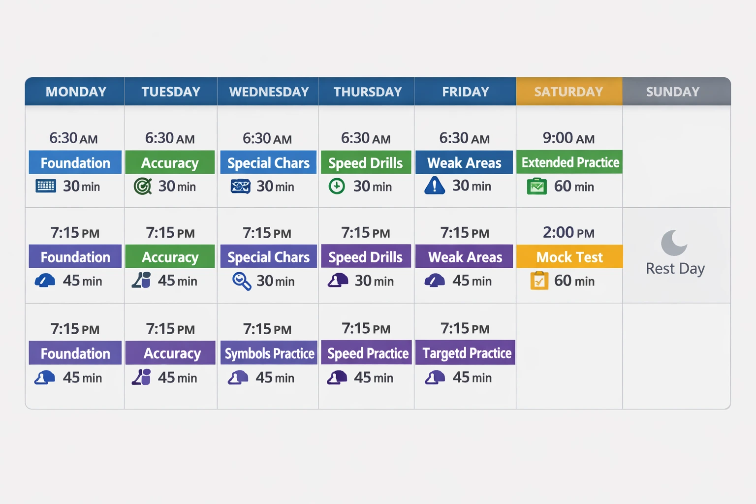 Typing practice duration based on skill level comparison table