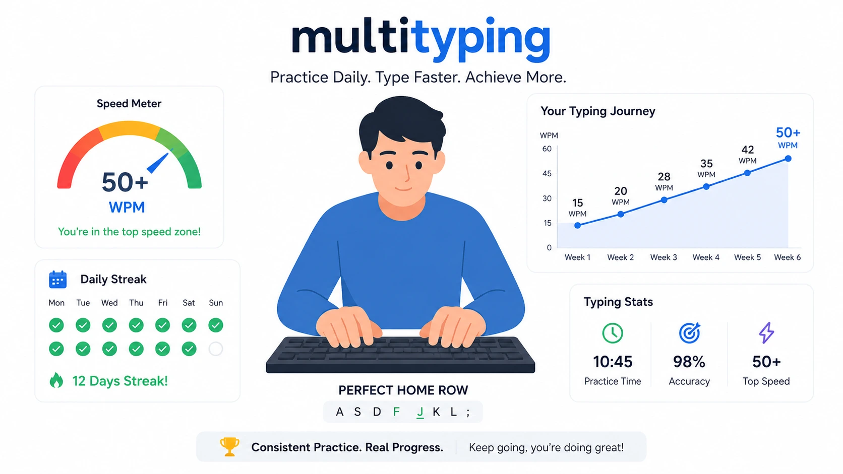 Touch Typing Advanced Tips 2026 speed 50 WPM daily practice ANI ROY real story multityping leaderboard