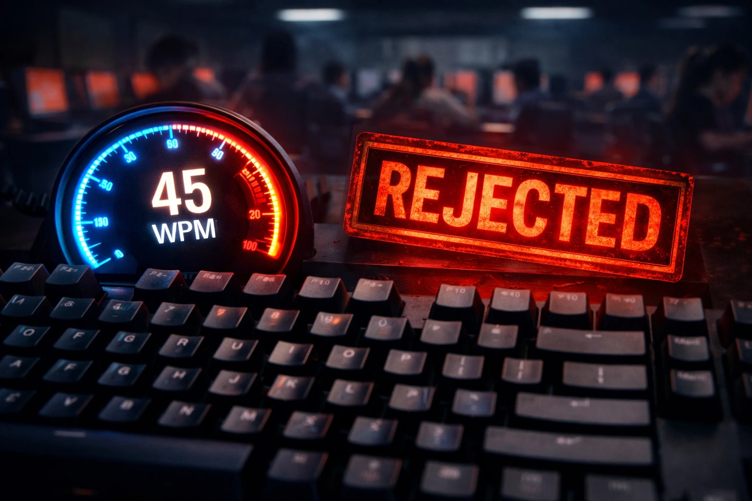 Nervous student during government typing test exam hall