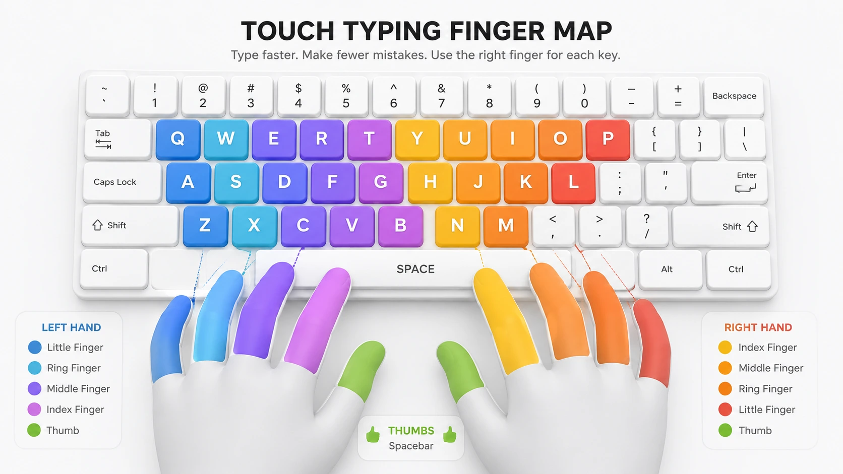 Complete finger to key color coded keyboard diagram left hand right hand thumb spacebar QWERTY typing guide