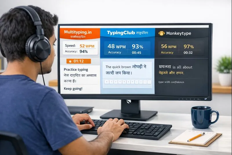 Student practicing typing on Multityping.in, TypingClub, and Monkeytype with bilingual Hindi-English interface and visible WPM stats – 2026 typing tools landscape