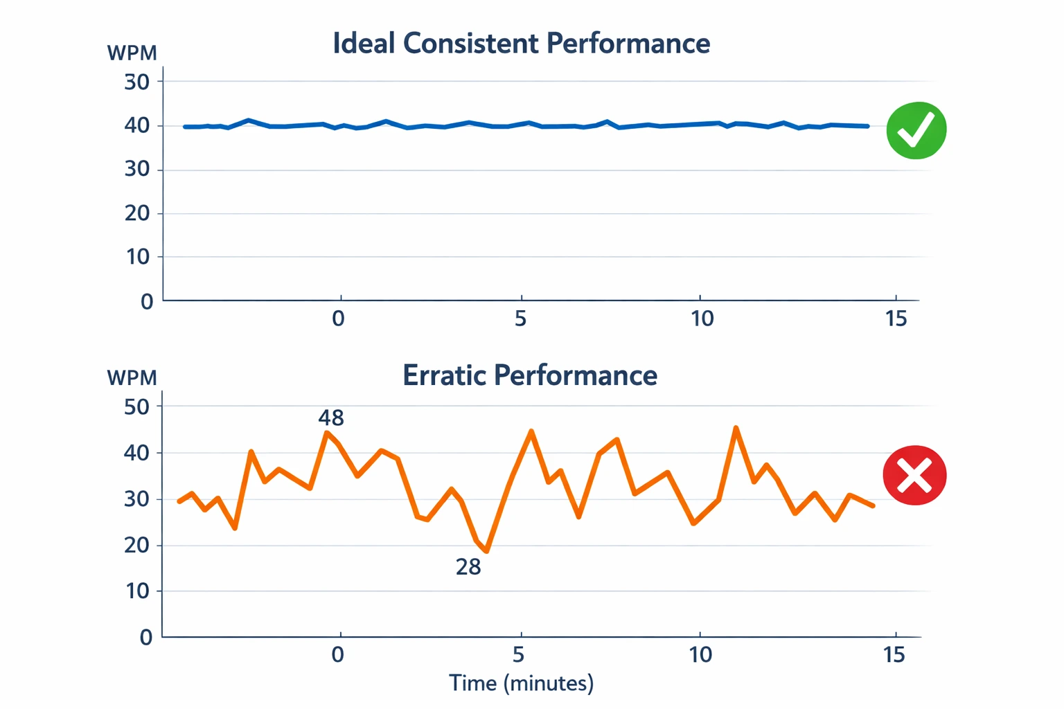 Graph showing ideal consistent typing rhythm vs erratic performance